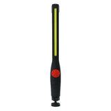 A portable LED work light with a black handle, a long yellow-colored LED bar, and a red button on the handle.