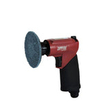 A red and black ZippAir Air Mini Sander with a grey sanding disc attached to it.