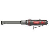 A 90-degree industrial pneumatic angle drill with 1/4-28 threaded spindle and side exhaust for tight space drilling.