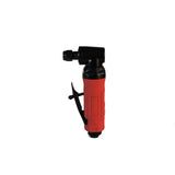 A side-view of the Zipp Air Tool USA ZP319 90-degree 18,000 RPM pneumatic angle die grinder with a 1/4" collet. This compact 0.5 HP industrial tool, in black and textured red, features a safety paddle trigger and is designed for heavy-duty weld smoothing, mold finishing, and deburring metal components in tight spaces.