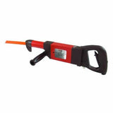 Industrial air saw with red and black housing, equipped with a hose and a handle.